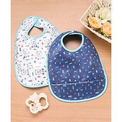 Babyhug 100% Cotton  TPU Lamination Waterproof Bibs with Crumb Catcher Teddy Print Pack of 2- Blue & White
