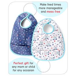 Babyhug 100% Cotton  TPU Lamination Waterproof Bibs with Crumb Catcher Teddy Print Pack of 2- Blue & White