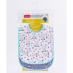 Babyhug 100% Cotton  TPU Lamination Waterproof Bibs with Crumb Catcher Teddy Print Pack of 2- Blue & White