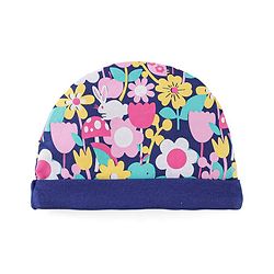 Babyhug 100% Cotton Knit Cap Mittens & Booties Set Floral Print- Navy Blue