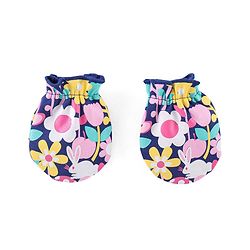 Babyhug 100% Cotton Knit Cap Mittens & Booties Set Floral Print- Navy Blue