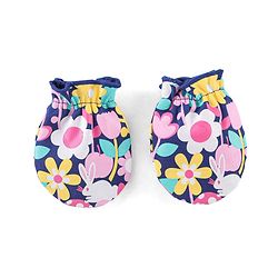 Babyhug 100% Cotton Knit Cap Mittens & Booties Set Floral Print- Navy Blue