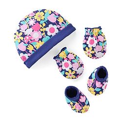 Babyhug 100% Cotton Knit Cap Mittens & Booties Set Floral Print- Navy Blue