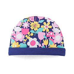 Babyhug 100% Cotton Knit Cap Mittens & Booties Set Floral Print- Navy Blue