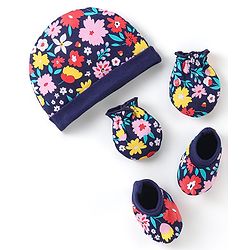 Babyhug 100% Cotton Knit Floral Print Cap Mittens & Booties - Navy Blue