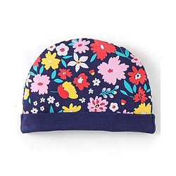 Babyhug 100% Cotton Knit Floral Print Cap Mittens & Booties - Navy Blue