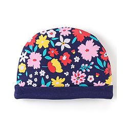 Babyhug 100% Cotton Knit Floral Print Cap Mittens & Booties - Navy Blue