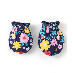 Babyhug 100% Cotton Knit Floral Print Cap Mittens & Booties - Navy Blue