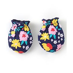 Babyhug 100% Cotton Knit Floral Print Cap Mittens & Booties - Navy Blue