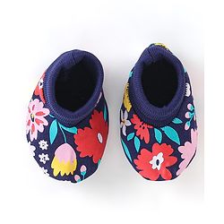 Babyhug 100% Cotton Knit Floral Print Cap Mittens & Booties - Navy Blue