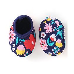 Babyhug 100% Cotton Knit Floral Print Cap Mittens & Booties - Navy Blue