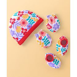 Babyhug 100% Cotton Knit Cap Mittens & Booties Set with Floral Print - Red