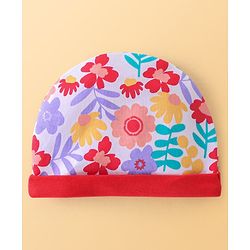 Babyhug 100% Cotton Knit Cap Mittens & Booties Set with Floral Print - Red