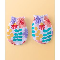 Babyhug 100% Cotton Knit Cap Mittens & Booties Set with Floral Print - Red