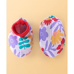 Babyhug 100% Cotton Knit Cap Mittens & Booties Set with Floral Print - Red