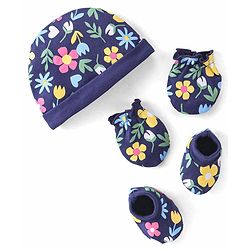 Babyhug 100% Cotton Knit Cap Mittens & Booties Set Floral Print - Navy Blue