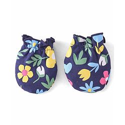 Babyhug 100% Cotton Knit Cap Mittens & Booties Set Floral Print - Navy Blue