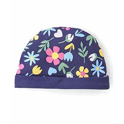 Babyhug 100% Cotton Knit Cap Mittens & Booties Set Floral Print - Navy Blue