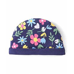 Babyhug 100% Cotton Knit Cap Mittens & Booties Set Floral Print - Navy Blue