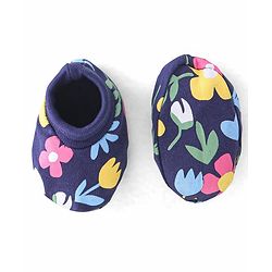 Babyhug 100% Cotton Knit Cap Mittens & Booties Set Floral Print - Navy Blue