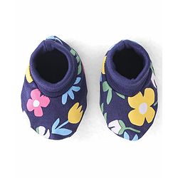 Babyhug 100% Cotton Knit Cap Mittens & Booties Set Floral Print - Navy Blue