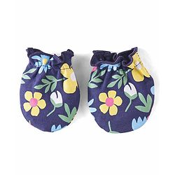 Babyhug 100% Cotton Knit Cap Mittens & Booties Set Floral Print - Navy Blue