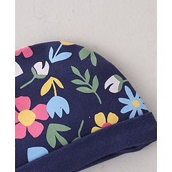 Babyhug 100% Cotton Knit Cap Mittens & Booties Set Floral Print - Navy Blue