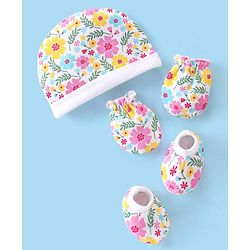 Babyhug 100% Cotton Knit Cap Mittens & Booties Set with Floral Print - Multicolour