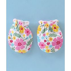 Babyhug 100% Cotton Knit Cap Mittens & Booties Set with Floral Print - Multicolour
