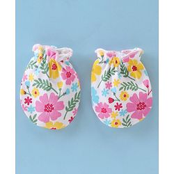 Babyhug 100% Cotton Knit Cap Mittens & Booties Set with Floral Print - Multicolour