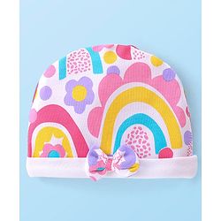 Babyhug 100% Cotton Knit Cap with Rainbow Print and Bow - Multicolour