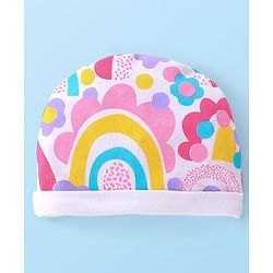 Babyhug 100% Cotton Knit Cap with Rainbow Print and Bow - Multicolour