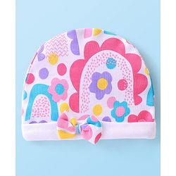 Babyhug 100% Cotton Knit Cap with Rainbow Print and Bow - Multicolour