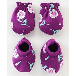 Babyhug 100% Cotton Knit Mittens & Booties Floral Print - Purple