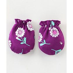 Babyhug 100% Cotton Knit Mittens & Booties Floral Print - Purple