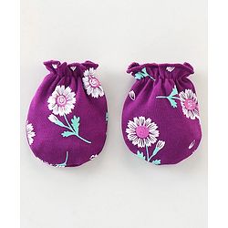 Babyhug 100% Cotton Knit Mittens & Booties Floral Print - Purple