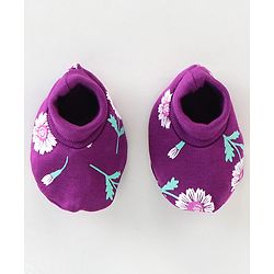 Babyhug 100% Cotton Knit Mittens & Booties Floral Print - Purple