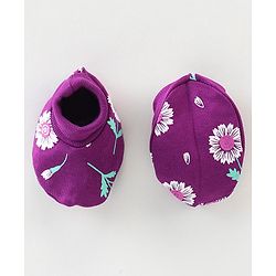 Babyhug 100% Cotton Knit Mittens & Booties Floral Print - Purple