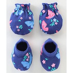 Babyhug 100% Cotton Knit Mittens & Booties Floral Print - Navy Blue