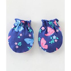 Babyhug 100% Cotton Knit Mittens & Booties Floral Print - Navy Blue