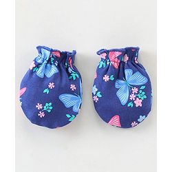 Babyhug 100% Cotton Knit Mittens & Booties Floral Print - Navy Blue