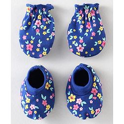 Babyhug 100% Cotton Interlock Knit Mittens & Booties Floral Print - Navy Blue