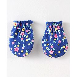Babyhug 100% Cotton Interlock Knit Mittens & Booties Floral Print - Navy Blue