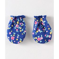 Babyhug 100% Cotton Interlock Knit Mittens & Booties Floral Print - Navy Blue