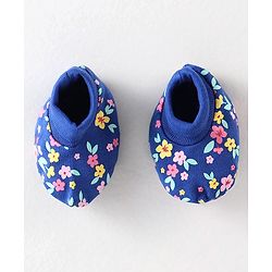 Babyhug 100% Cotton Interlock Knit Mittens & Booties Floral Print - Navy Blue