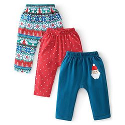 Babyhug Cotton Knit Full Length Diaper Leggings Christmas Theme Printed Pack of 3 - Red & Blue