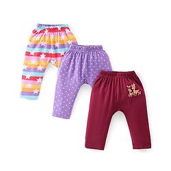 Babyhug Cotton Full Length Diaper Pants Star & Deer Print Pack Of 3 - Maroon Purple & Blue