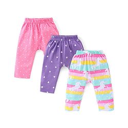 Babyhug Cotton Knit Anti Bacterial Full Length Diaper Pants Unicorn Printed Pack of 3 - Pink & Purple