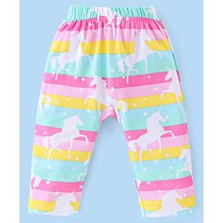 Babyhug Cotton Knit Anti Bacterial Full Length Diaper Pants Unicorn Printed Pack of 3 - Pink & Purple