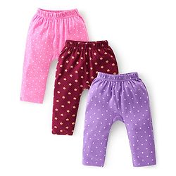 Babyhug Cotton Knit Full Length Diaper Leggings Floral Printed Pack of 3 - Pink Maroon & Purple